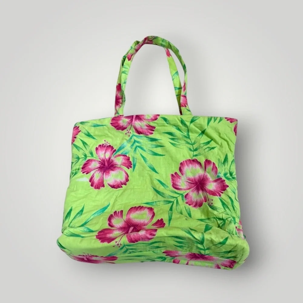 Hibiscus Floral Tote Bag Green Pink Sequin Tropical Beach Island Vacation Resort